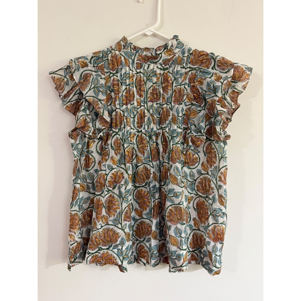 Oliphant Floral Block Print Flutter Sleeve Pintuck Blouse Gold Metallic Small